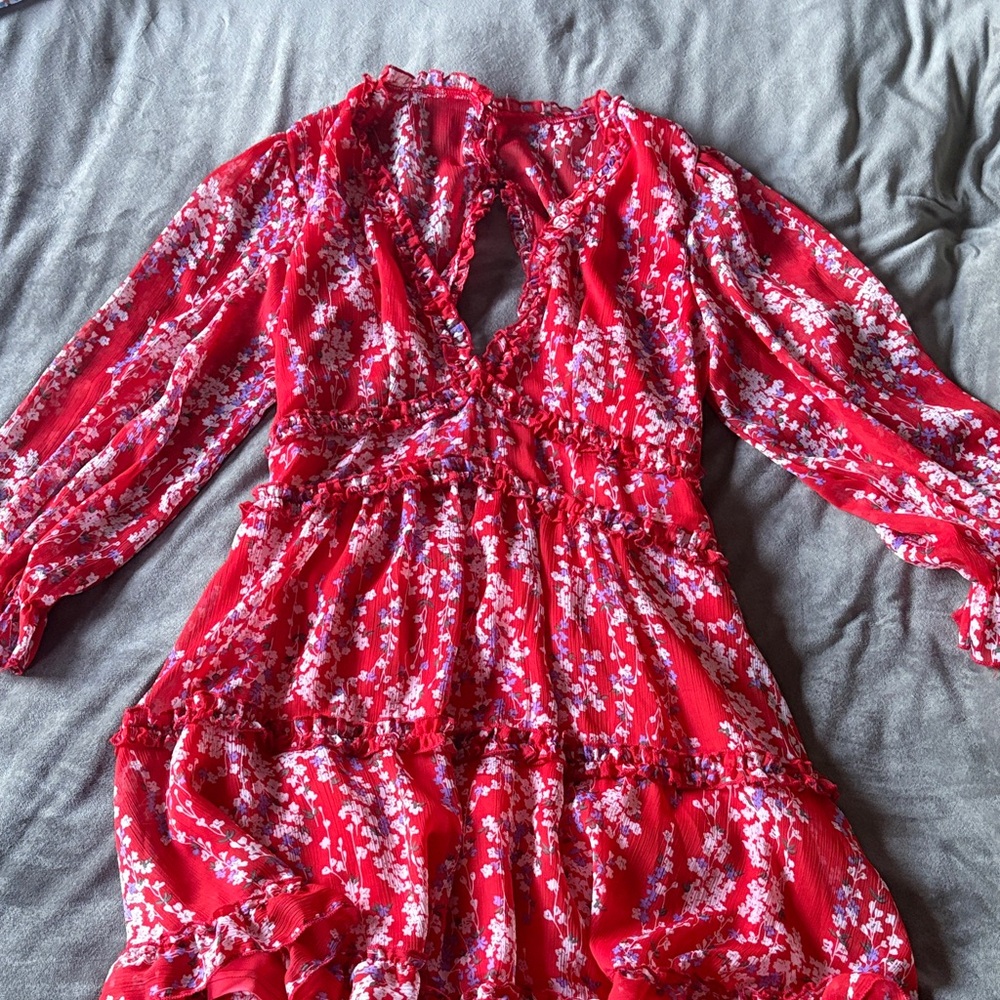 Floral Red Long Sleeve Dress
